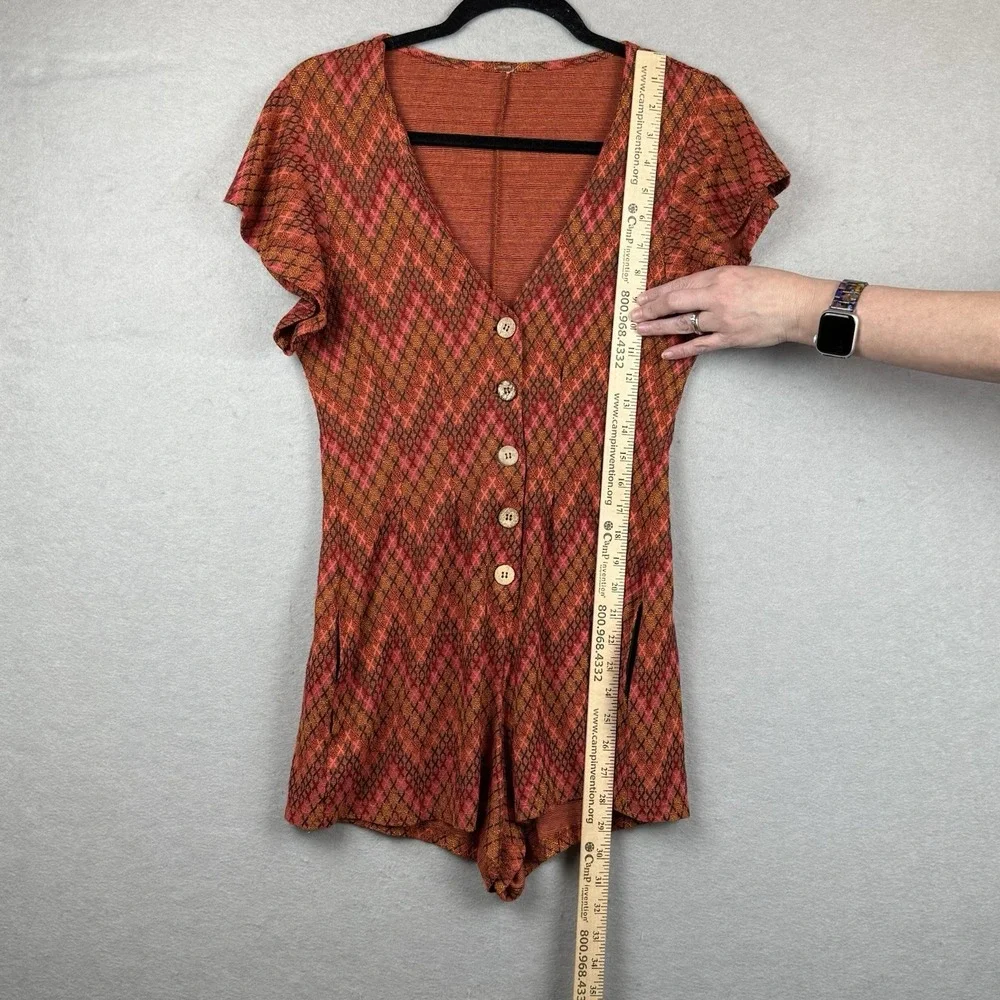 Free People Phoenix Chevron Orange Button Up 70s Vibe‎ Short Romper Sz S? *read
